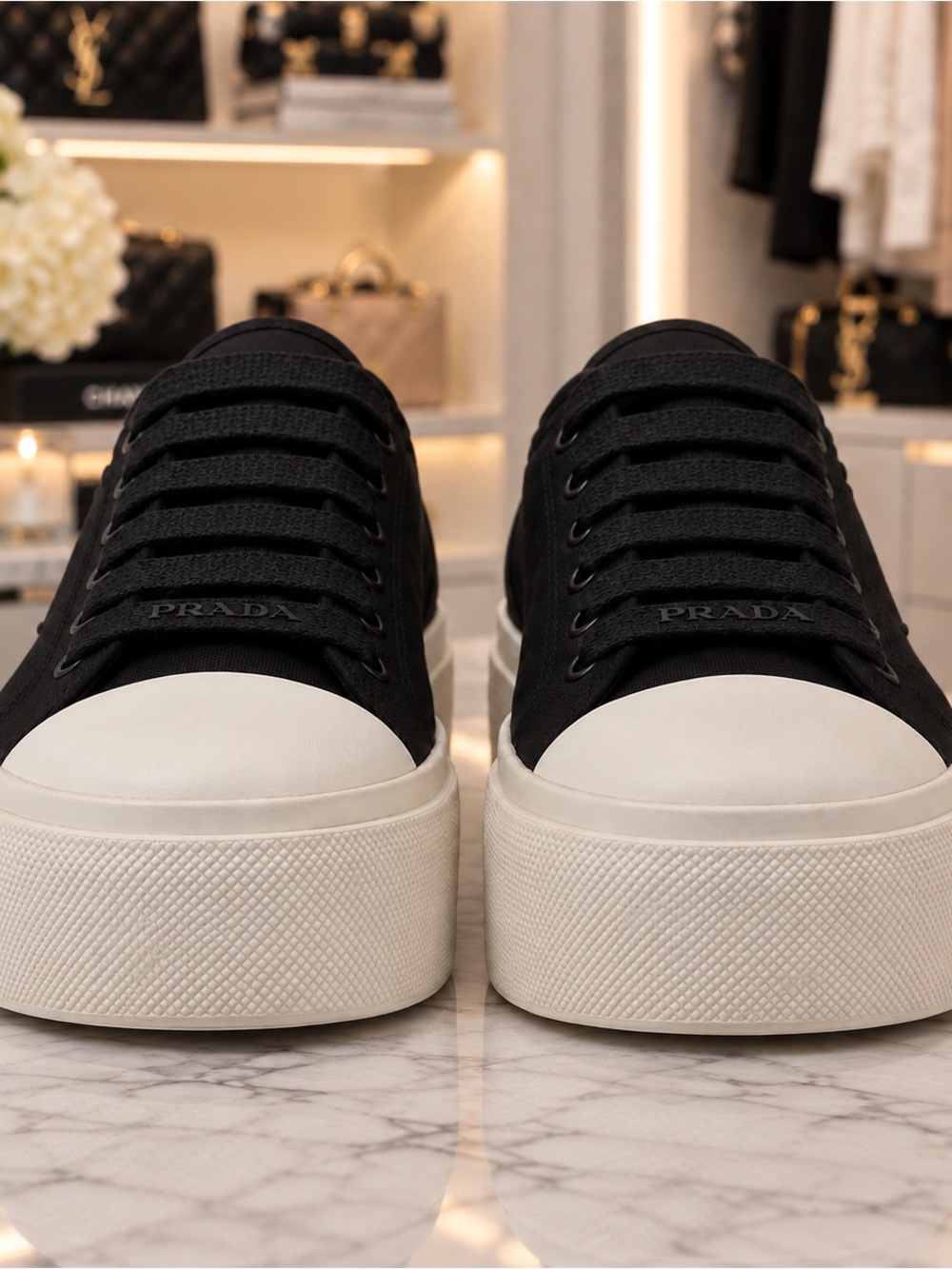 Prada Black Cotton Platform Logo Sneakers EU 38 US 8 NWT